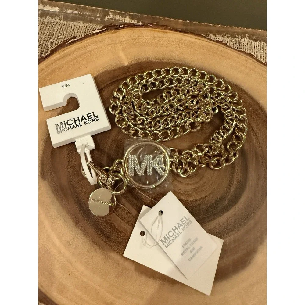 Michael‎ Kors Crystals Bling Gold Tone Chain Link Belt MK Logo Size S/M Msrp $68